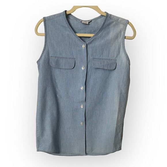 Honors Light Blue Denim collared button down sleeveless Shirt Size S 100% cotton - Picture 1 of 6